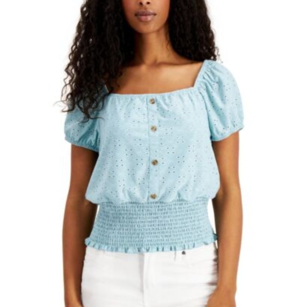 Crave Fame Juniors’ Smocked-Waist Eyelet Top, Blue, S, MSRP $29